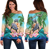 (Custom Personalised) Polynesian Turtle Coconut Tree And Orchids Off Shoulder Sweater LT14 Women Blue - Polynesian Pride