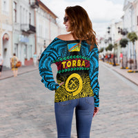 Torba Province Off Shoulder Sweater Vanuatu Pig Tusk Polynesian Flag Style LT14 - Polynesian Pride