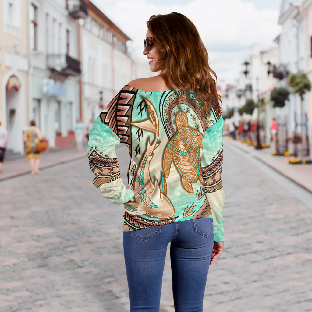 Hawaii Off Shoulder Sweater Polynesian Shark And Sea Turtle Dreamy Turquoise Artsy LT14 - Polynesian Pride