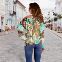 Hawaii Off Shoulder Sweater Polynesian Shark And Sea Turtle Dreamy Turquoise Artsy LT14 - Polynesian Pride