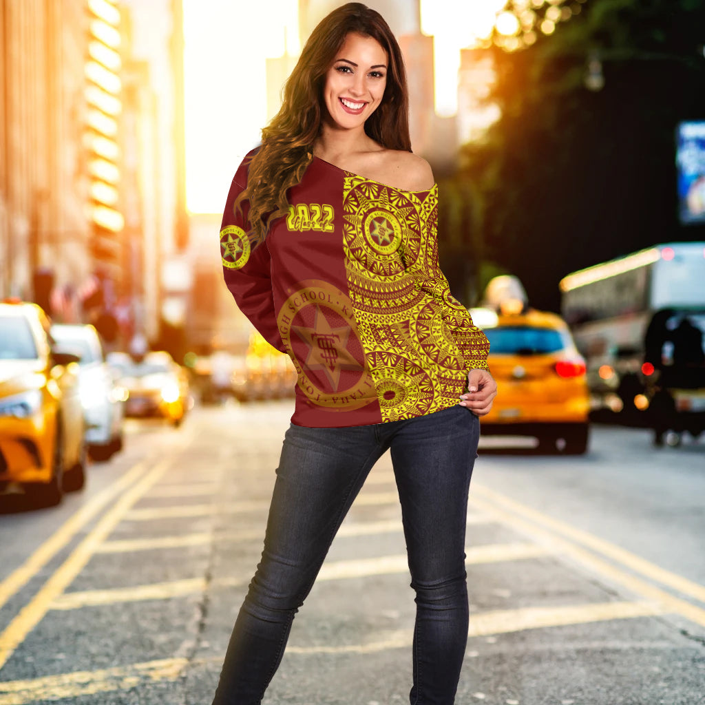 (Custom Text And Number) Tonga High School Off Shoulder Sweater Class Of Year Tongan Ngatu Pattern LT14 - Polynesian Pride