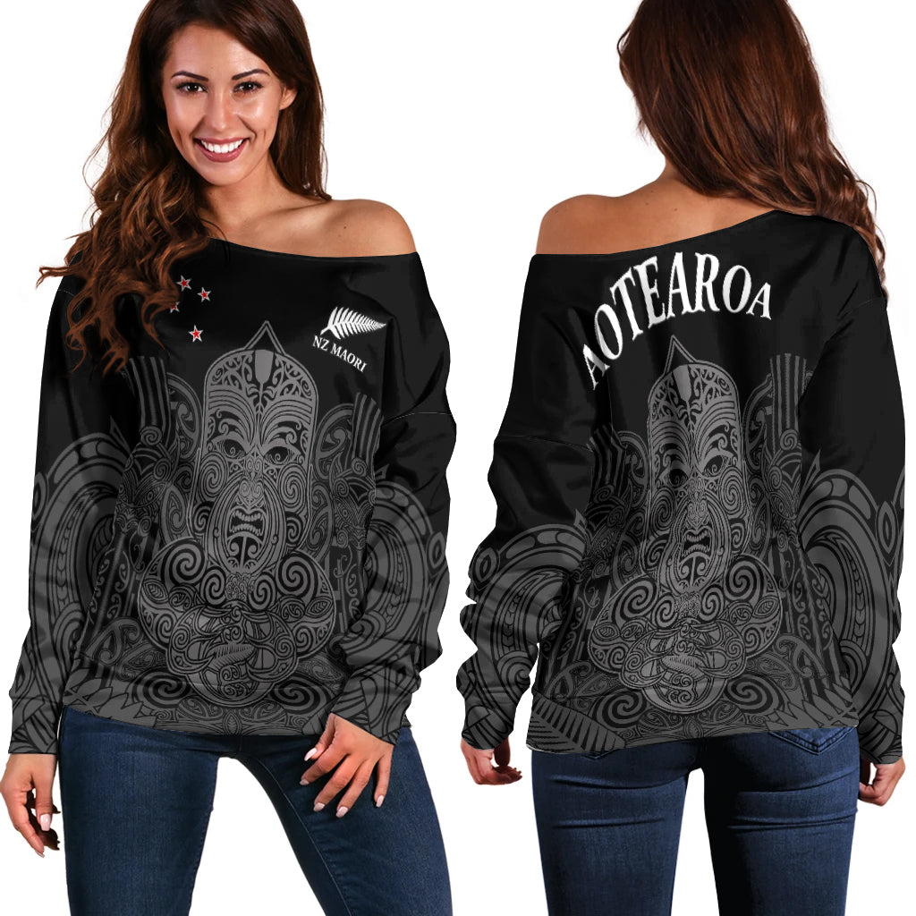 New Zealand Tiki Rugby Off Shoulder Sweater NZ Maori Koru Pattern LT14 Women Black - Polynesian Pride