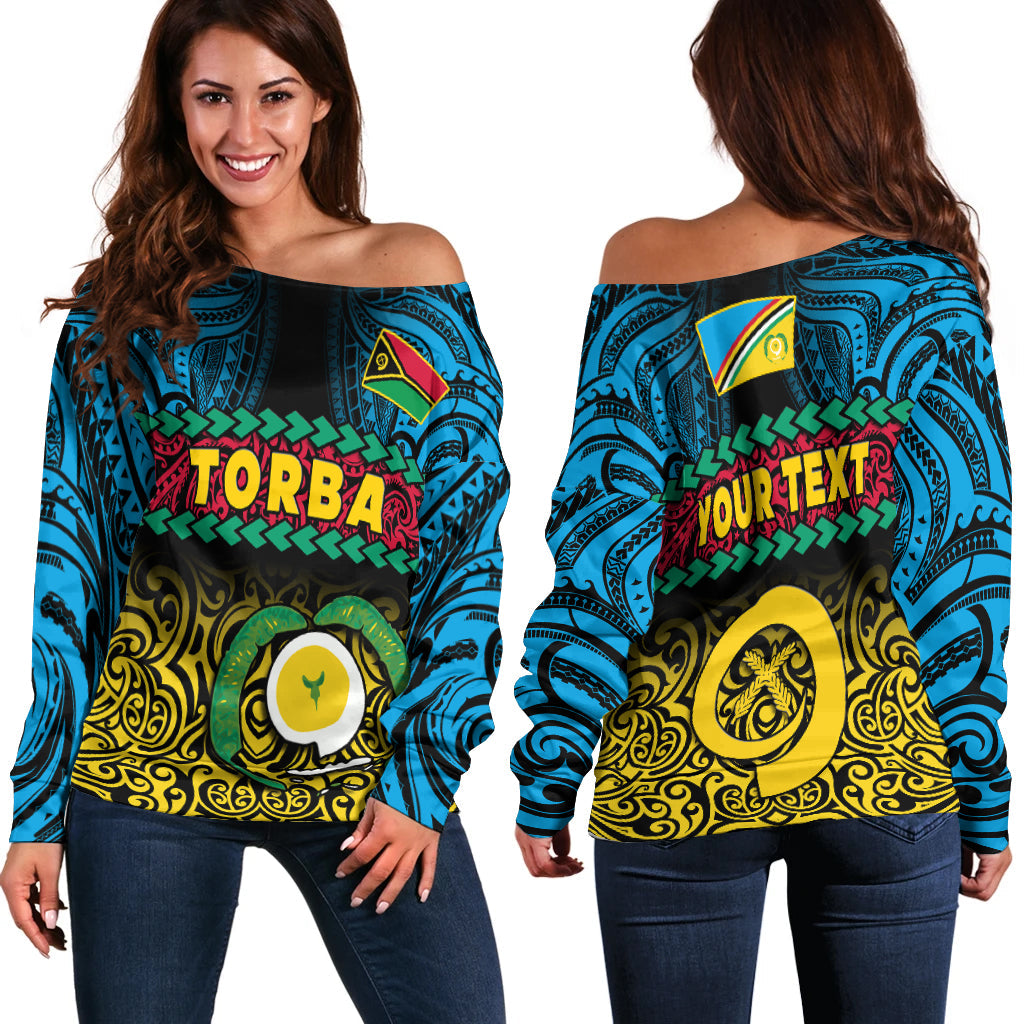 (Custom Personalised) Torba Province Off Shoulder Sweater Vanuatu Pig Tusk Polynesian Flag Style LT14 Women Black - Polynesian Pride