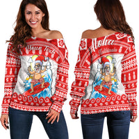 Custom Personalised Hawaii Christmas Off Shoulder Sweater Surfing Santa Mele Kalikimaka Polynesian LT14 Women Red - Polynesian Pride