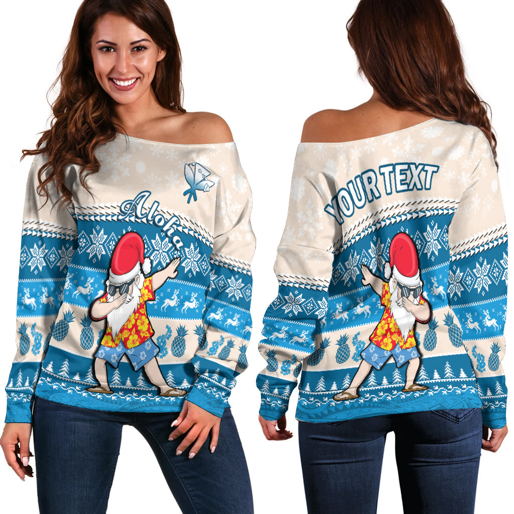 (Custom Personalised) Hawaii Mele Kalikimaka Off Shoulder Sweater Dabbing Santa Blue Merry Christmas LT14 Women Blue - Polynesian Pride