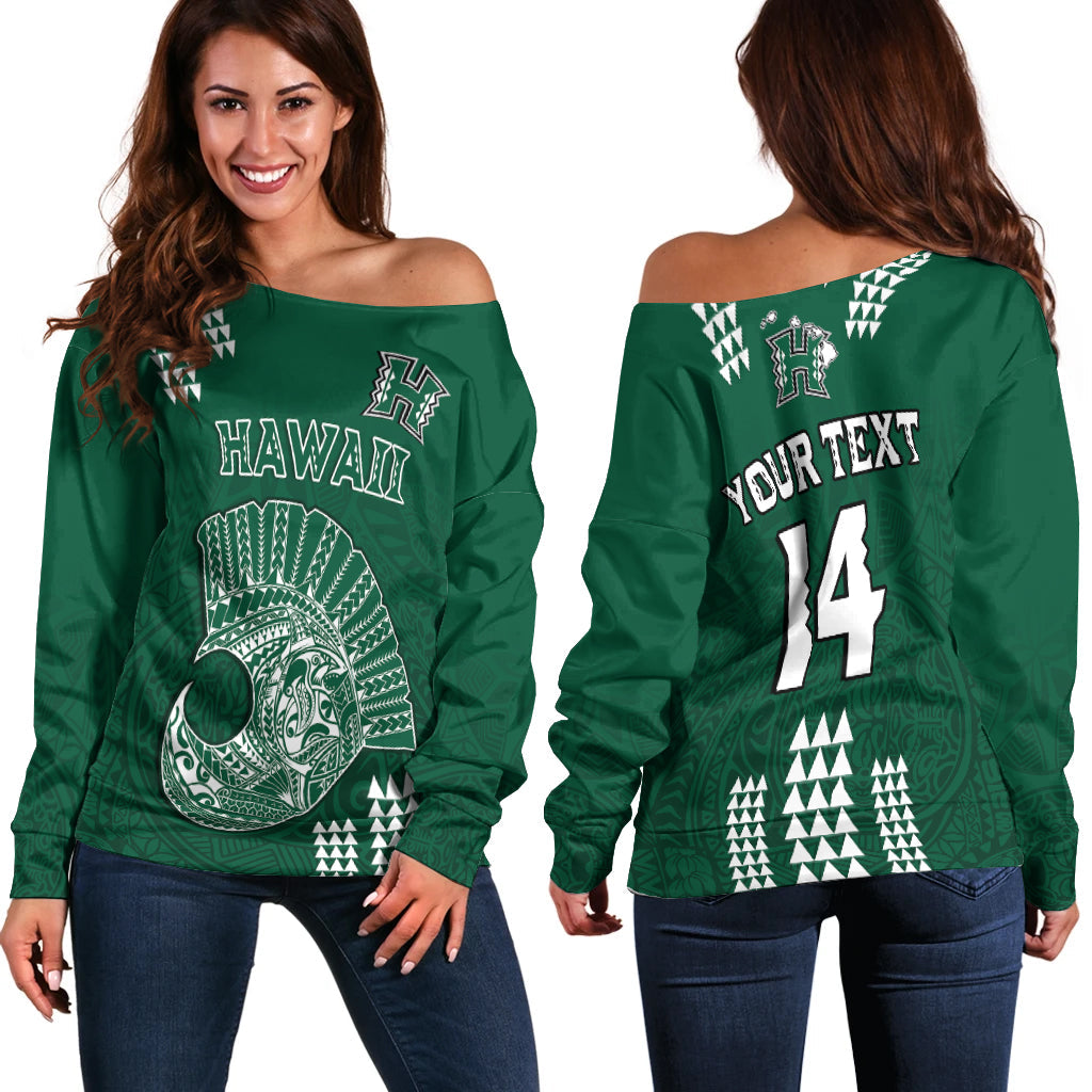 (Custom Text And Number) Hawaii Football Off Shoulder Sweater Kakau Rainbow Warriors Helmet LT14 Women Green - Polynesian Pride