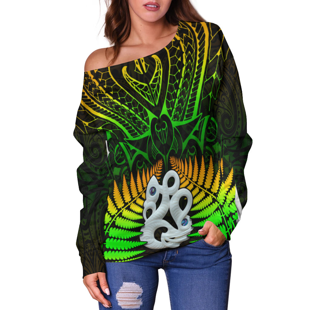Aotearoa Fern Off Shoulder Sweater New Zealand Hei Tiki Special Style LT13 - Polynesian Pride
