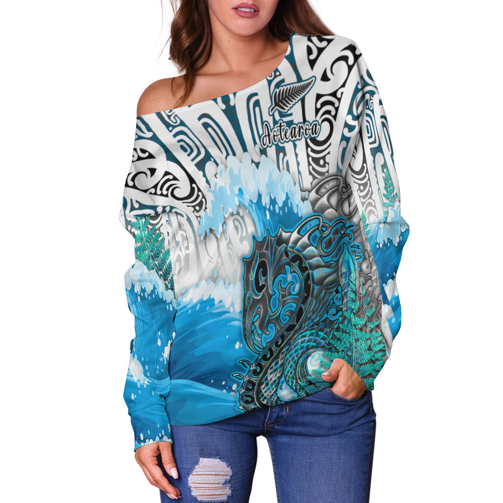 (Custom Personalised) Manaia Maori Off Shoulder Sweater Fern Aotearoa Blue Waves LT13 - Polynesian Pride