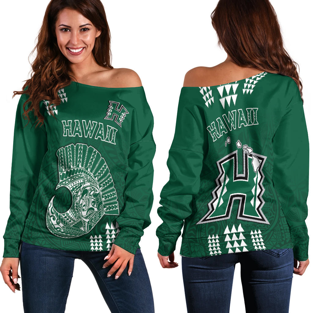 Hawaii Football Off Shoulder Sweater Kakau Rainbow Warriors Helmet LT14 Women Green - Polynesian Pride