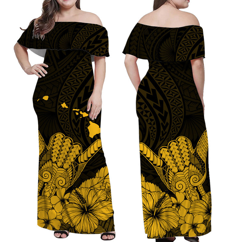 Hawaii Shaka Sign Couple Long Dress and Hawaiian Shirt Gold Version LT9 - Polynesian Pride