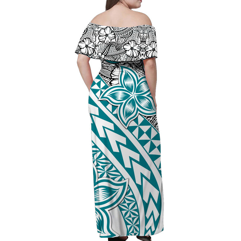 Traditional Polynesian Tribal Tattoo Retro Women Off shoulder Long Dress Turquoise LT9 - Polynesian Pride