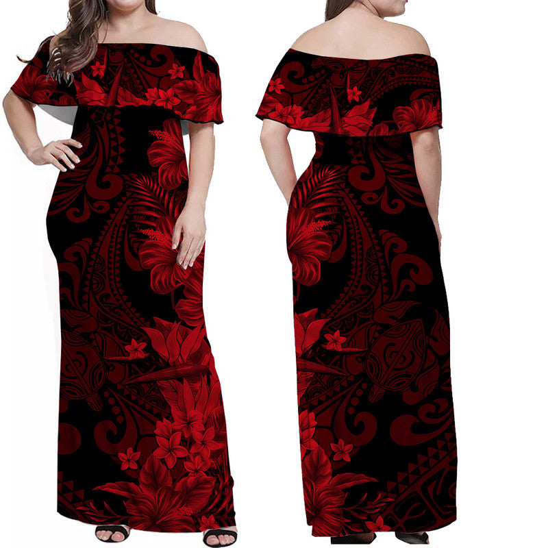 Hawaii Couple Outfits Hawaii Flowers Mix Tribal Pattern Matching Dress and Hawaiian Shirt Red LT6 - Polynesian Pride