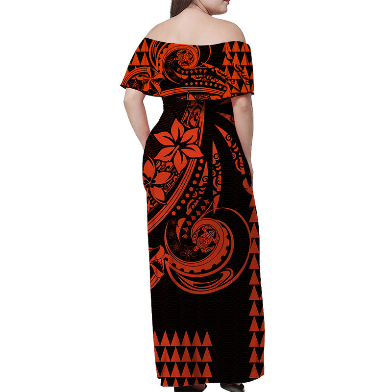 Kakau Hawaiian Polynesian Off Shoulder Long Dress Orange LT6 - Polynesian Pride