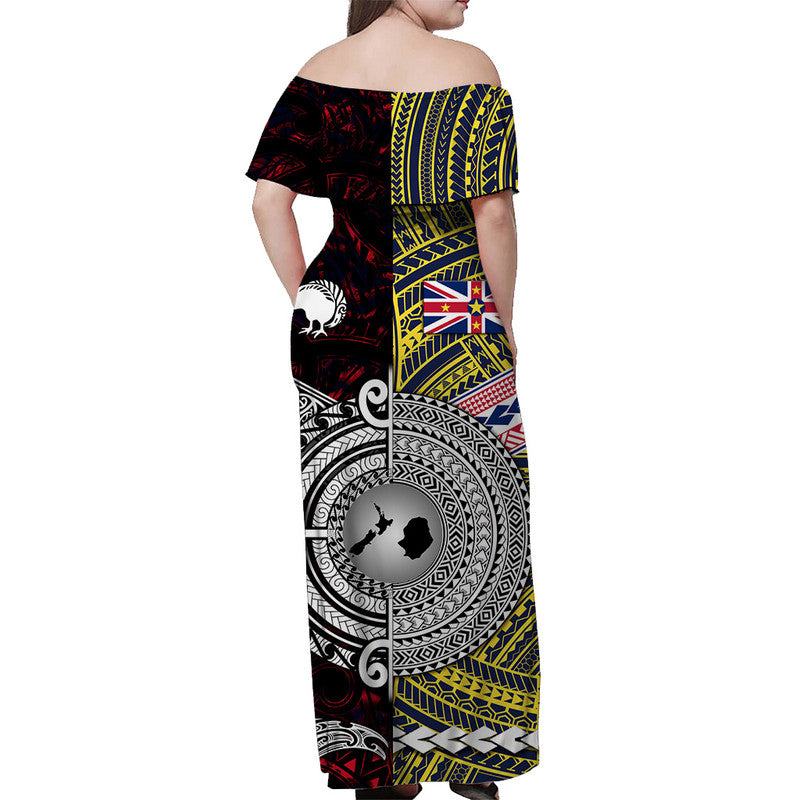New Zealand And Niue Off Shoulder Long Dress Together - Red LT8 - Polynesian Pride