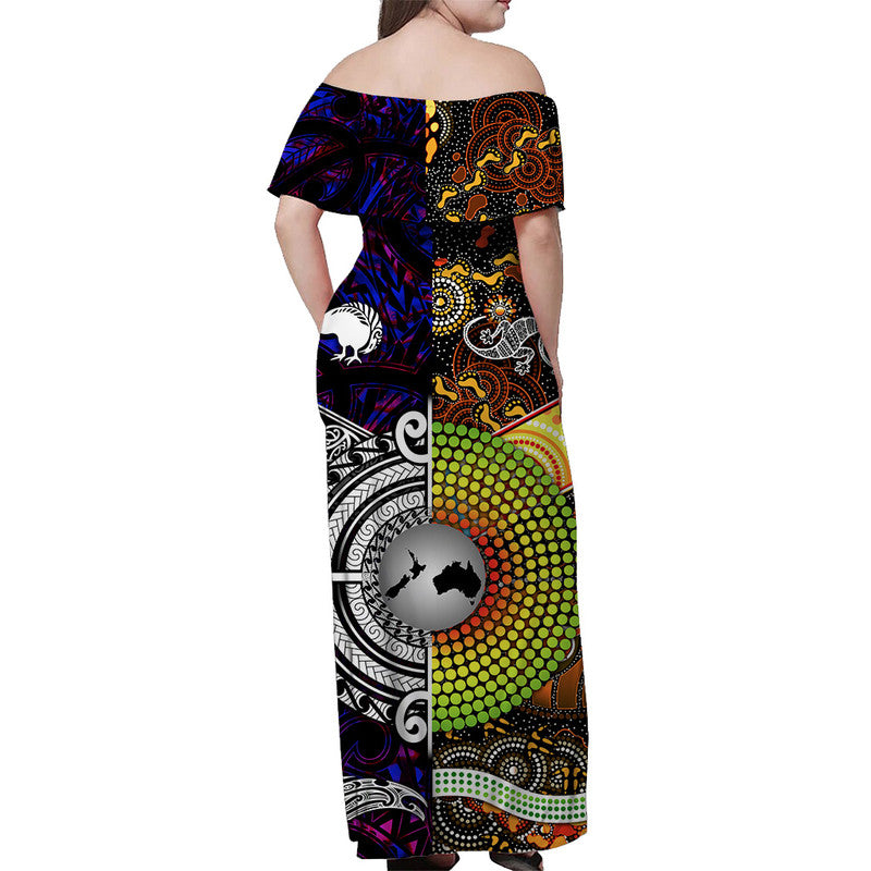 New Zealand Maori Aotearoa And Australia Aboriginal Off Shoulder Long Dress Together - Purple LT8 - Polynesian Pride