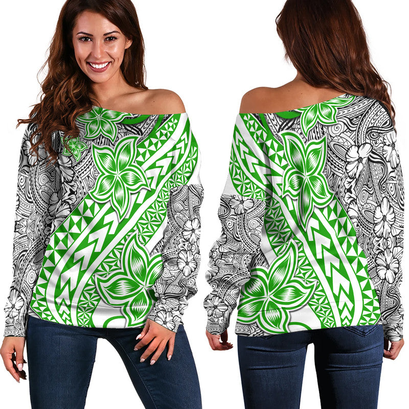 Traditional Polynesian Tribal Tattoo Retro Women Off Shoulder Sweater Green LT9 Women Green - Polynesian Pride