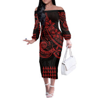 Kakau Hawaiian Polynesian Couples Matching Outfits Combo Long Sleeve Dress And Hawaiian Shirt Red LT6 No Shirt Red - Polynesian Pride