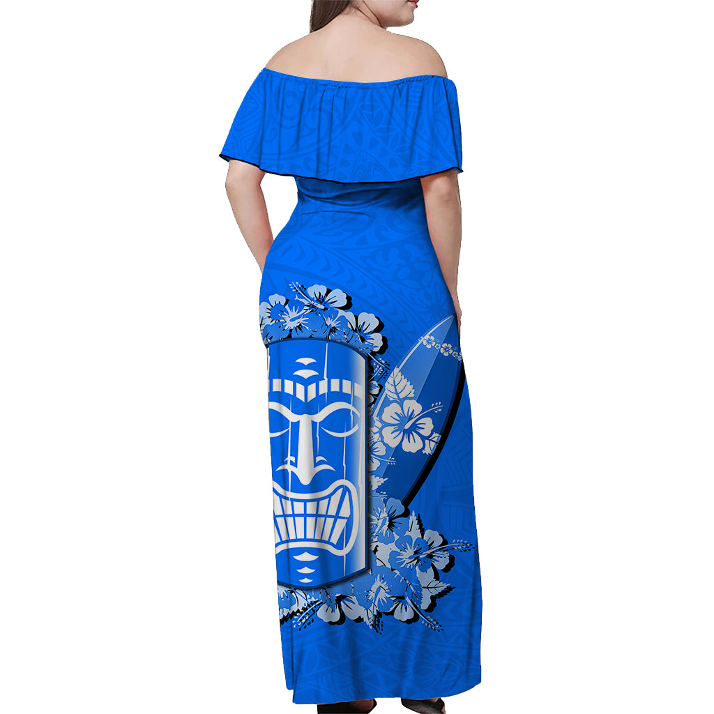 Hawaii Tiki Off Shoulder Long Dress Polynesian Blue Style LT6 - Polynesian Pride