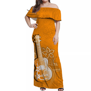 Hawaii Ukulele Off Shoulder Long Dress  Polynesian Orange Style LT6 - Long Dress / S / Orange