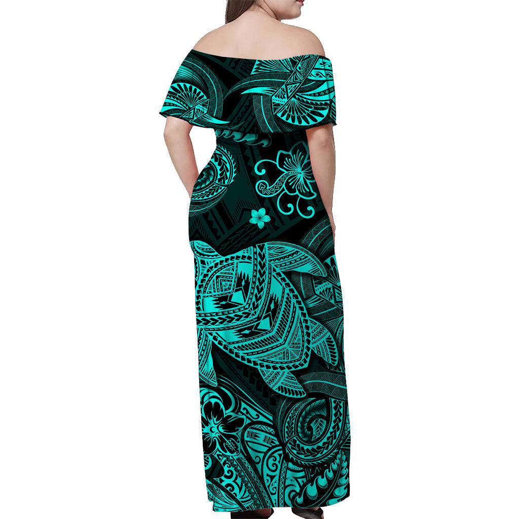 Hawaii Turtle Polynesian Off Shoulder Long Dress Plumeria Flower Unique Style - Turquoise LT8 - Polynesian Pride