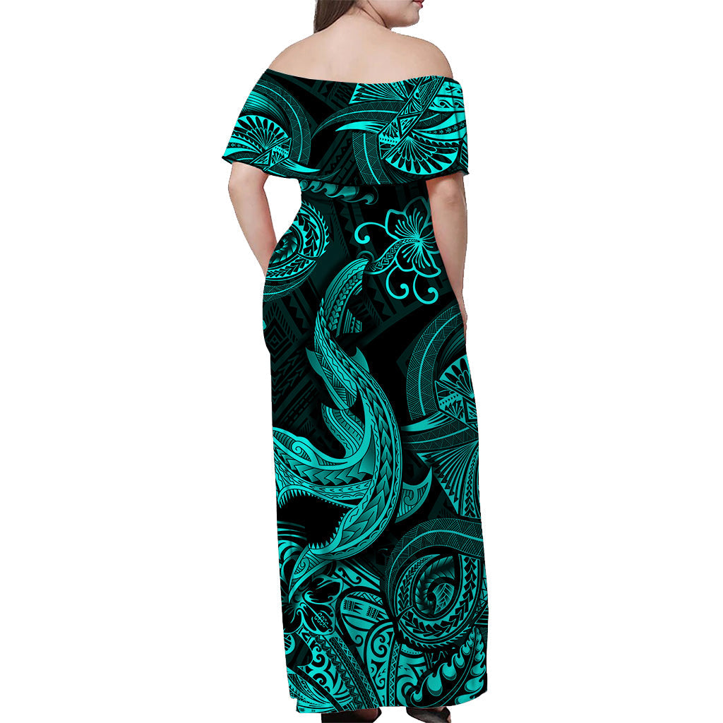 Hawaii Angry Shark Polynesian Off Shoulder Long Dress Unique Style - Turquoise LT8 - Polynesian Pride