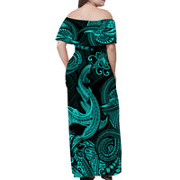 Hawaii Angry Shark Polynesian Off Shoulder Long Dress Unique Style - Turquoise LT8 - Polynesian Pride
