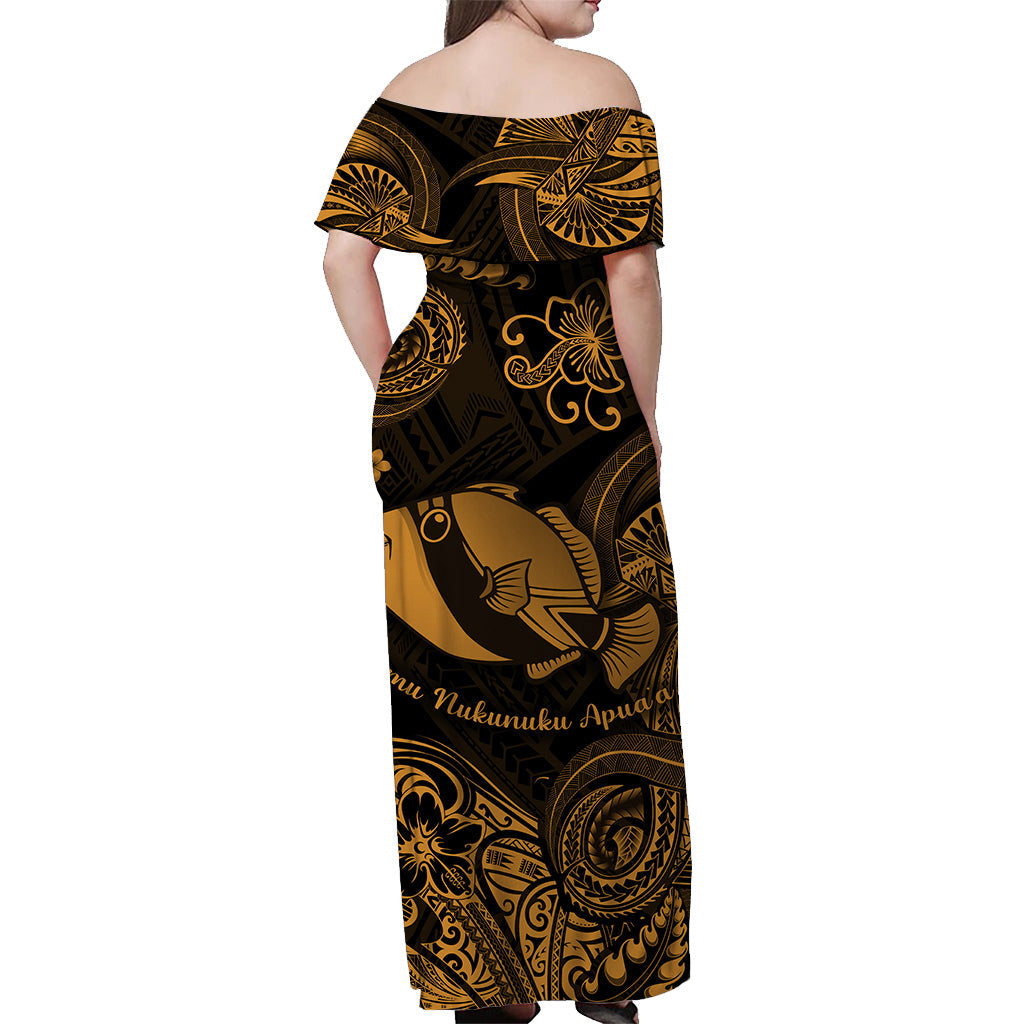 Hawaii State Fish: Humuhumu Nukunuku Apuaa Polynesian Off Shoulder Long Dress Unique Style - Gold LT8 - Polynesian Pride