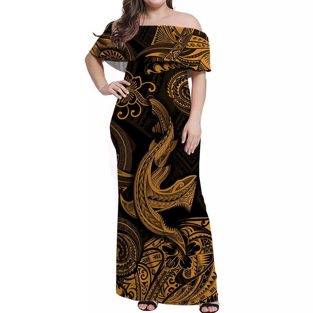 Hawaii Angry Shark Polynesian Matching Dress and Hawaiian Shirt Matching Couples Outfit Unique Style Gold LT8 No Shirt Gold - Polynesian Pride