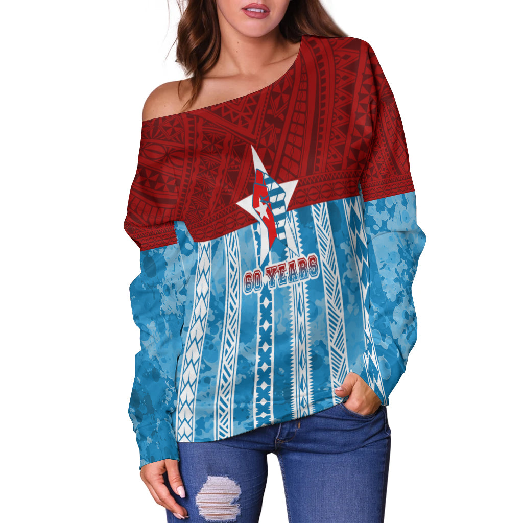 West Papua 60 Years OPM Morning Star with Polynesian Pattern Off Shoulder Sweater LT7 - Polynesian Pride