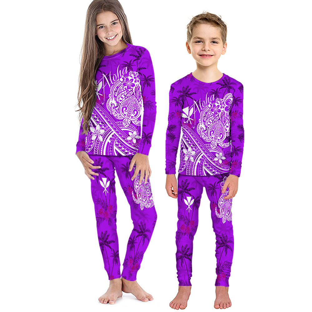 Hawaii Aloha Pajama Set KID Palm Trees Mix Turtle - Purple LT7 Purple - Polynesian Pride
