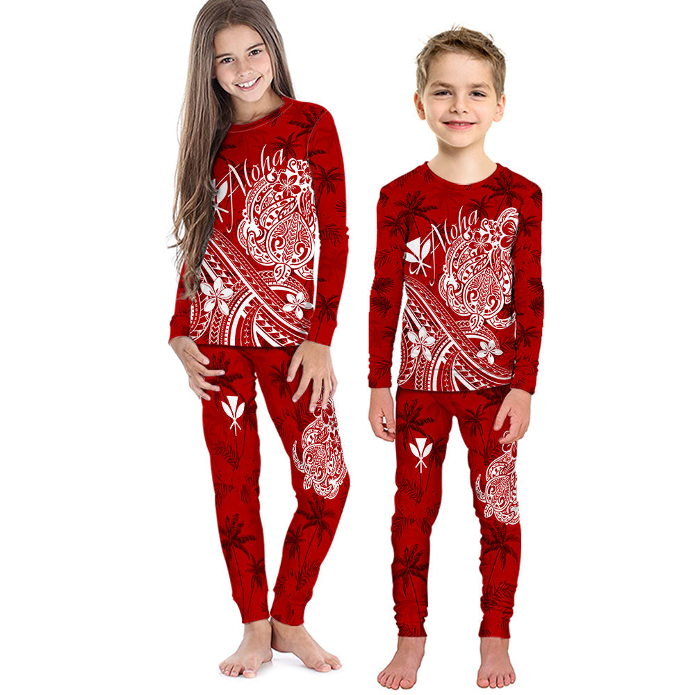 Hawaii Aloha Pajama Set KID Palm Trees Mix Turtle - Red LT7 Red - Polynesian Pride