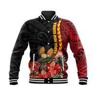 Papua New Guinea Baseball Jacket Unique Bird With Tropical Vintage Plant LT9 Unisex Black - Polynesian Pride