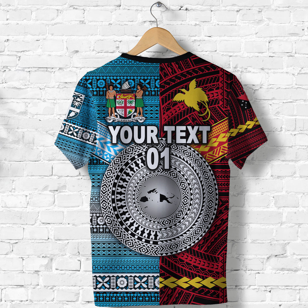 Custom Papua New Guinea Polynesian and Fiji Tapa Together T Shirt Bright Color, Custom Text and Number LT8 - Polynesian Pride
