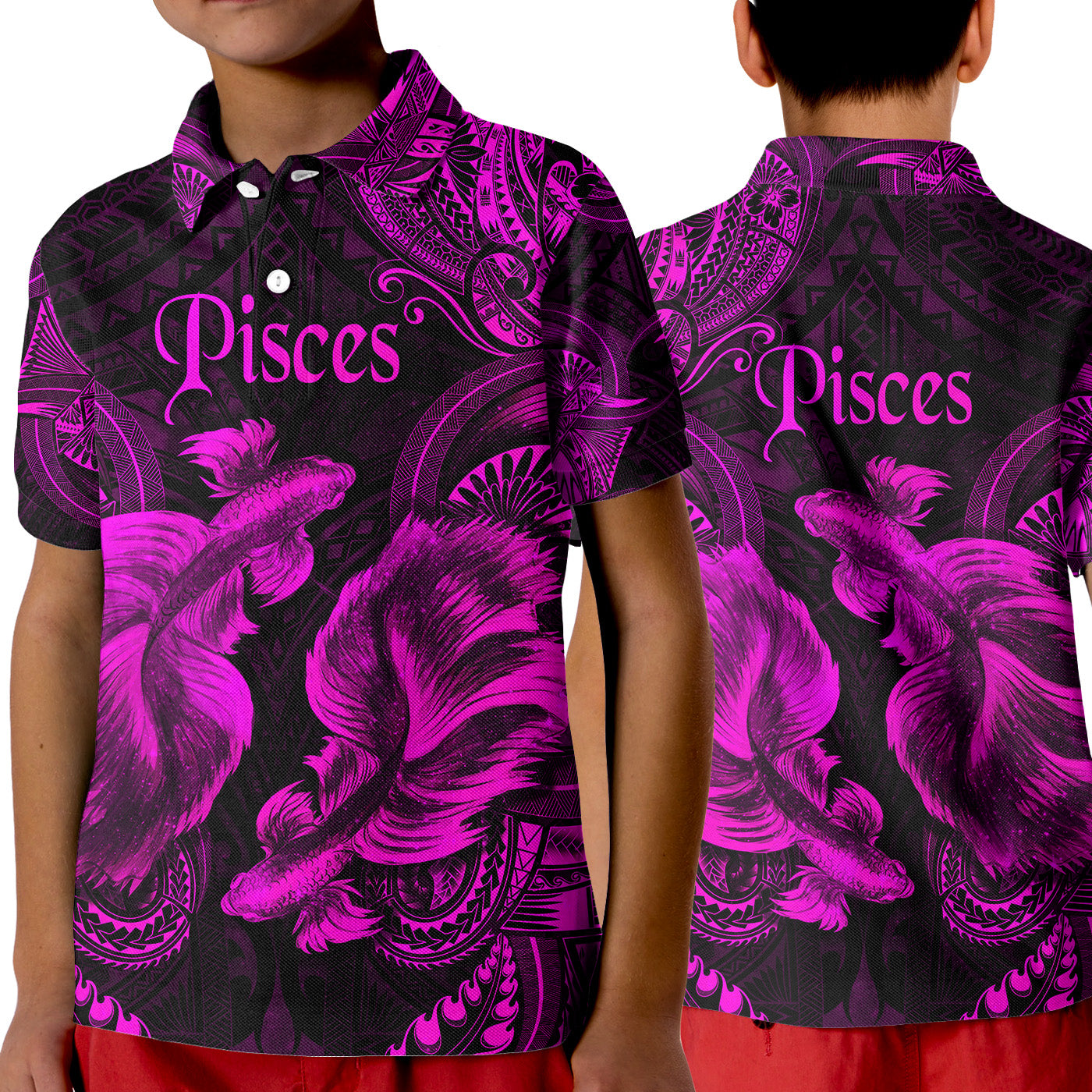 Pisces Zodiac Polynesian Polo Shirt KID Unique Style - Pink LT8 Unisex Pink - Polynesian Pride