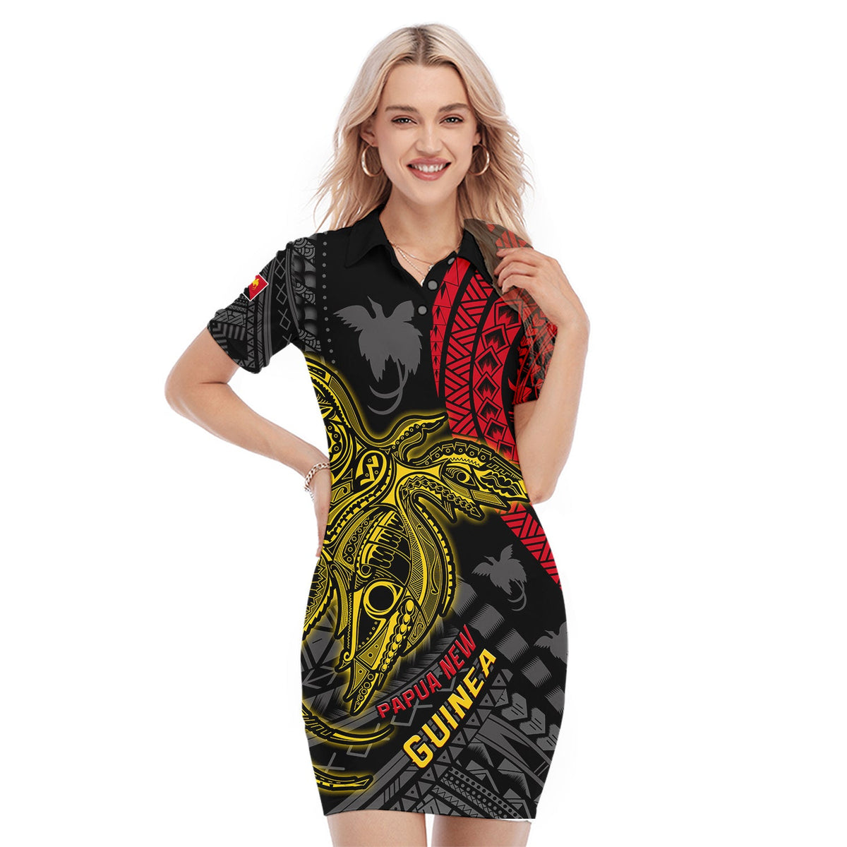 Papua New Guinea Polo Dress Raggiana Birds Of Paradise Happy 47th Independence Day LT13 Black - Polynesian Pride