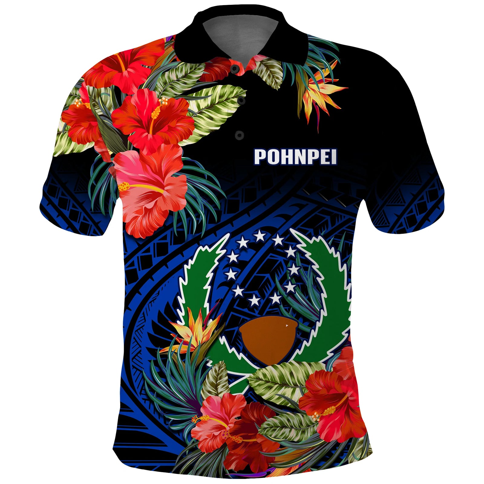 Custom Pohnpei State Polo Shirt FSM Hibiscus Flowers Mix Polynesian LT14 Blue - Polynesian Pride