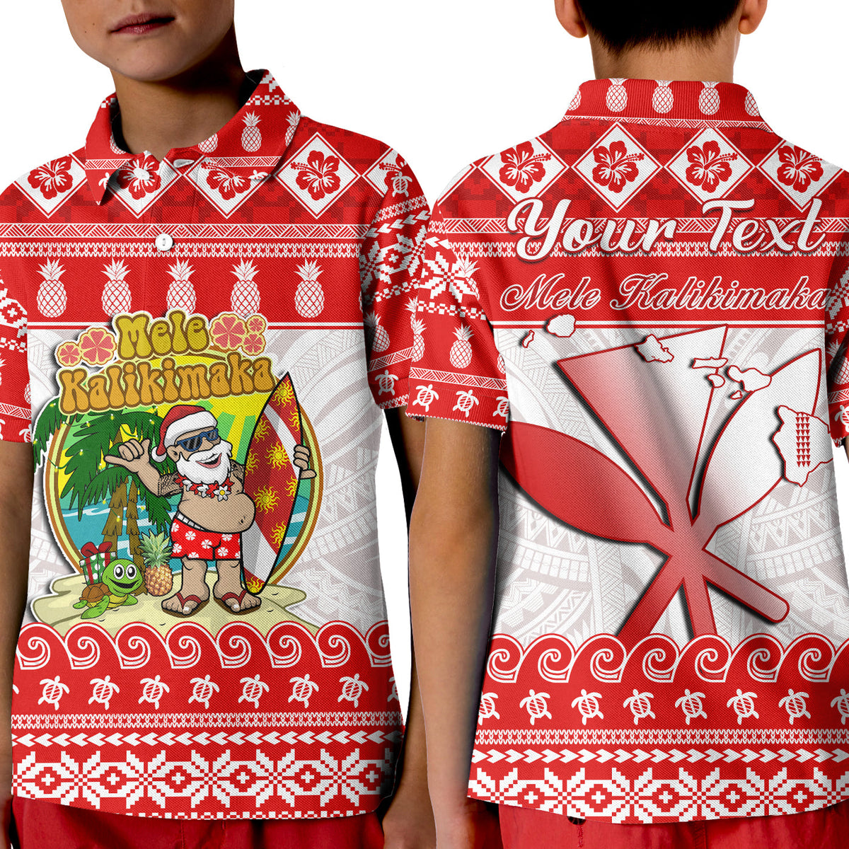 Custom Hawaii Christmas Polo Shirt KID Kanaka Polynesian Santa Claus Mele Kalikimaka LT14 Red - Polynesian Pride