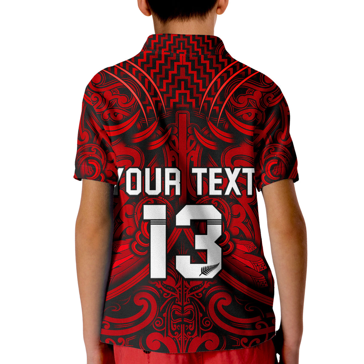 (Custom Text and Number) New Zealand Silver Fern Rugby Polo Shirt All Black Red NZ Maori Pattern LT13 - Polynesian Pride