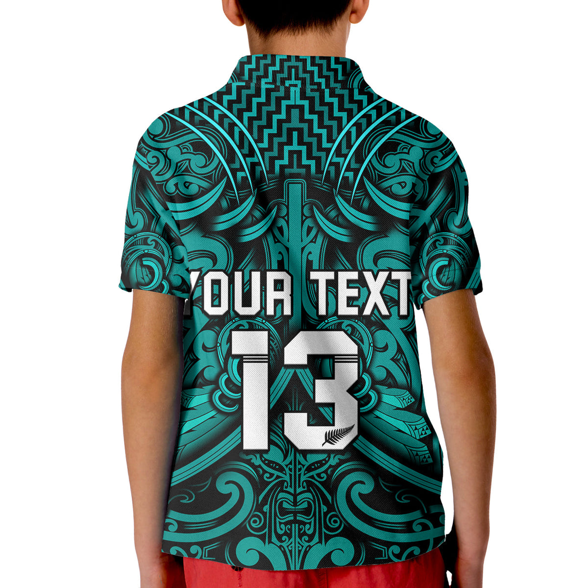 (Custom Text and Number) New Zealand Silver Fern Rugby Polo Shirt KID All Black Turquoise NZ Maori Pattern LT13 - Polynesian Pride