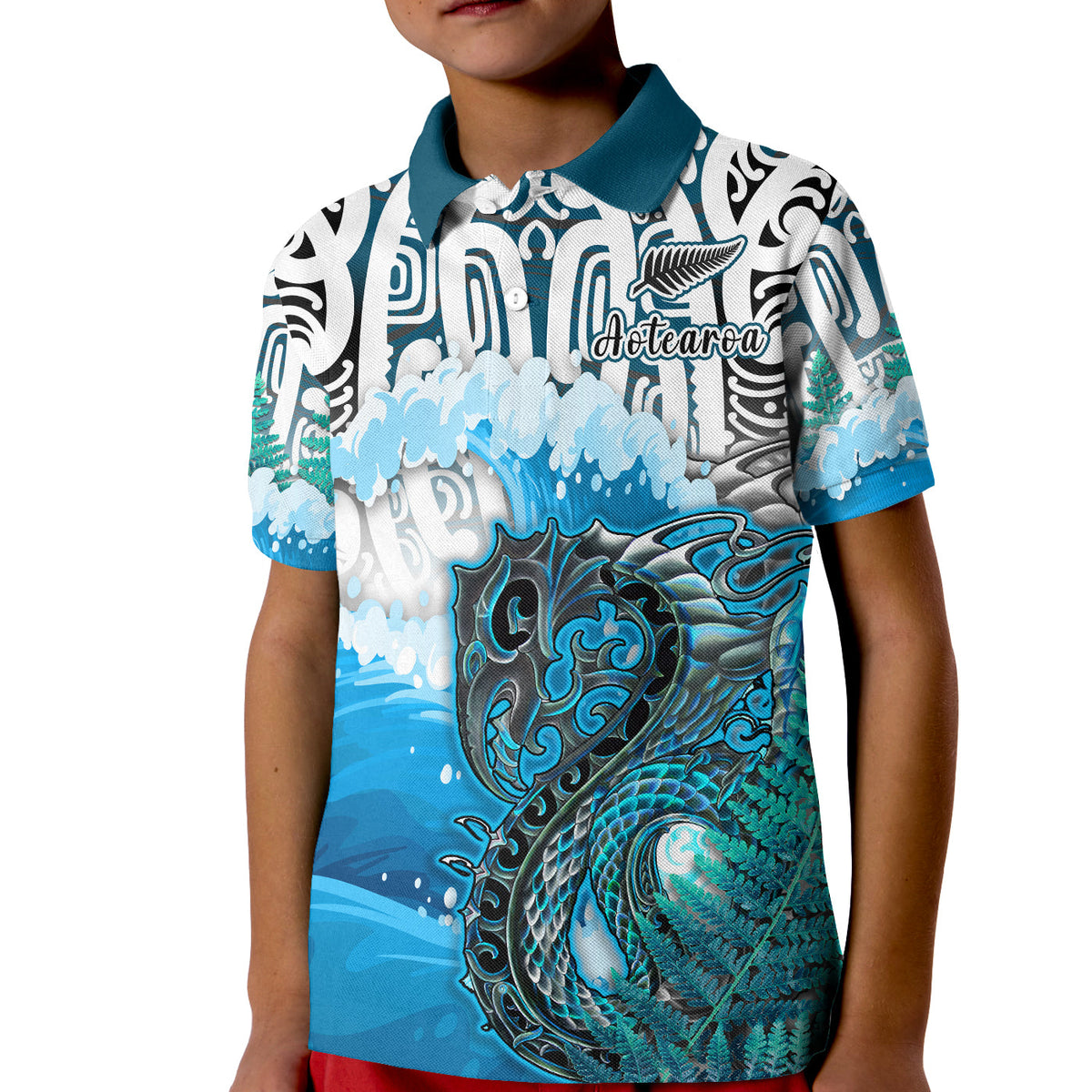 Custom Manaia Maori Polo Shirt Fern Aotearoa Blue Waves LT13 - Polynesian Pride