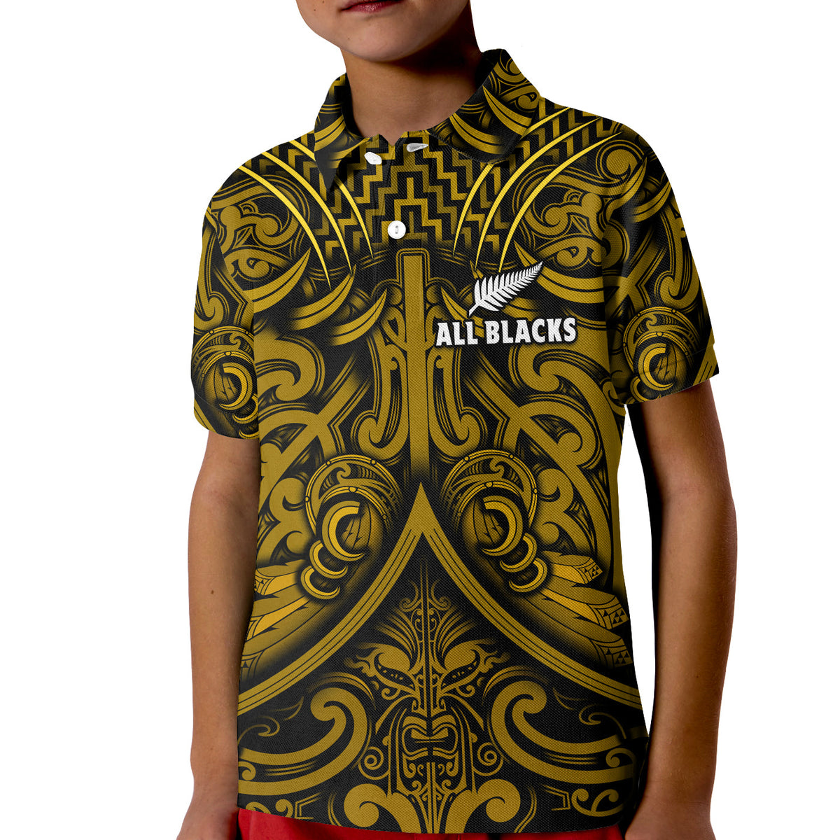 New Zealand Silver Fern Rugby Polo Shirt All Black Gold NZ Maori Pattern LT13 - Polynesian Pride