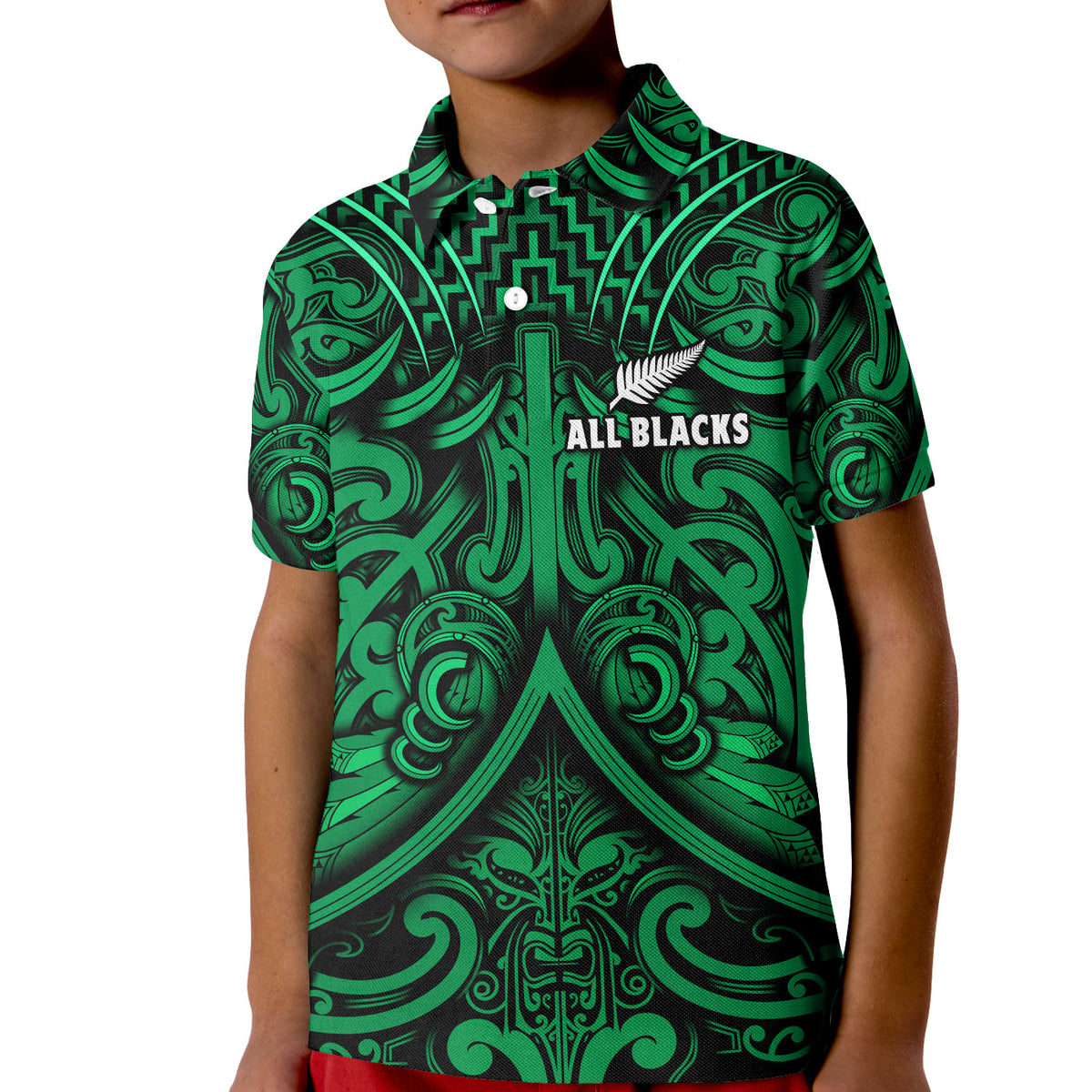 New Zealand Silver Fern Rugby Polo Shirt All Black Green NZ Maori Pattern LT13 - Polynesian Pride