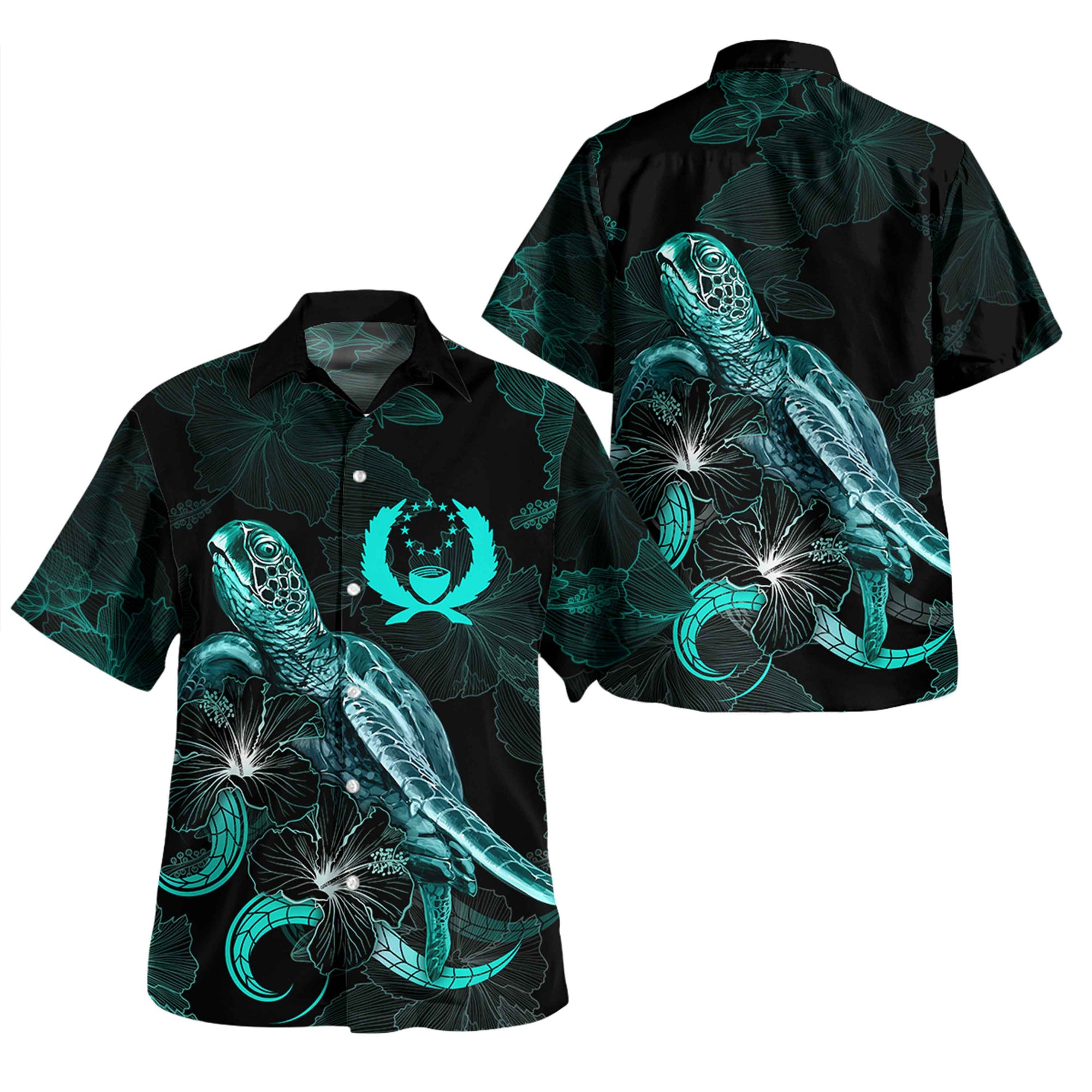 Pohnpei Short Sleeve Shirt - Custom Pohnpei Coat Of Arms With Polynesian Turtle Blooming Hibiscus Turquoise Unisex Turquoise - Polynesian Pride