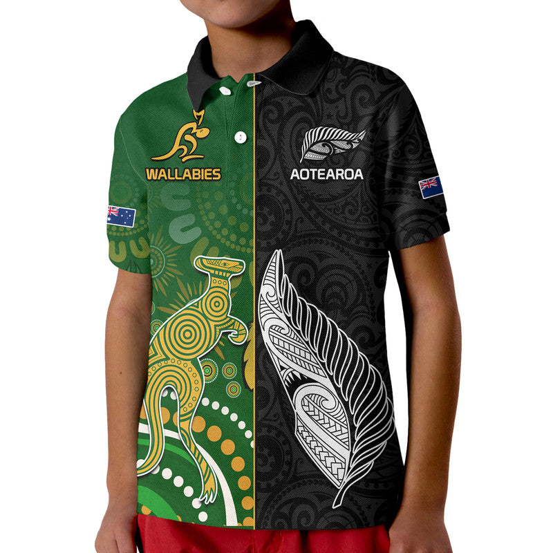 Custom Aotearoa Rugby All Black Combine Australia Wallabies Polo Shirt Aboriginal Kangaroo and Maori Fern LT9 - Polynesian Pride