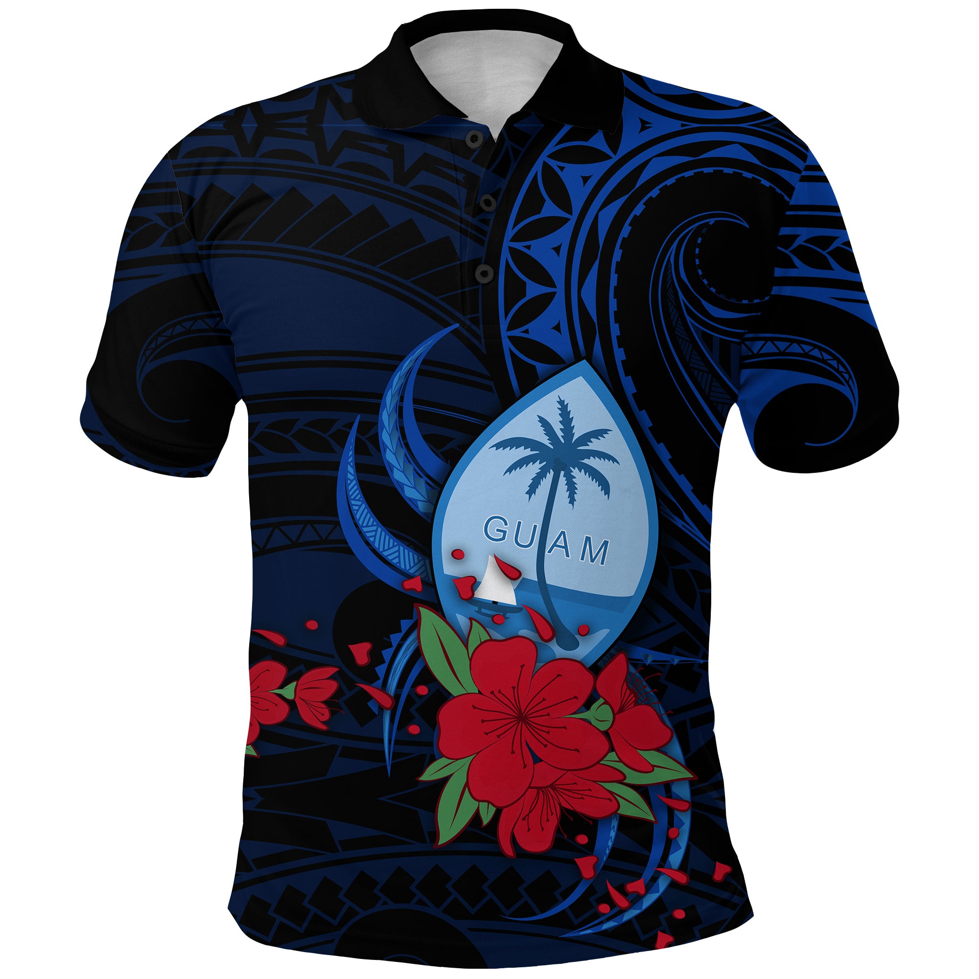 Guam Polo Shirt Polynesian Flowers LT13 Unisex Blue - Polynesian Pride