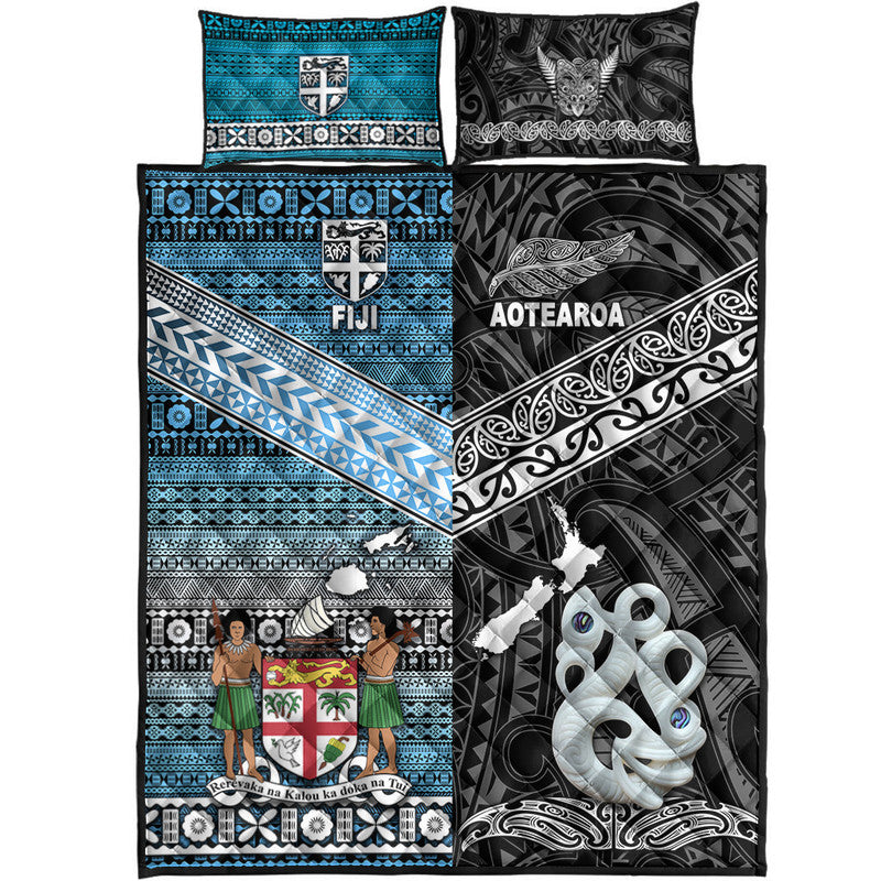 New Zealand And Fiji Quilt Bed Set Together - Black LT8 - Polynesian Pride