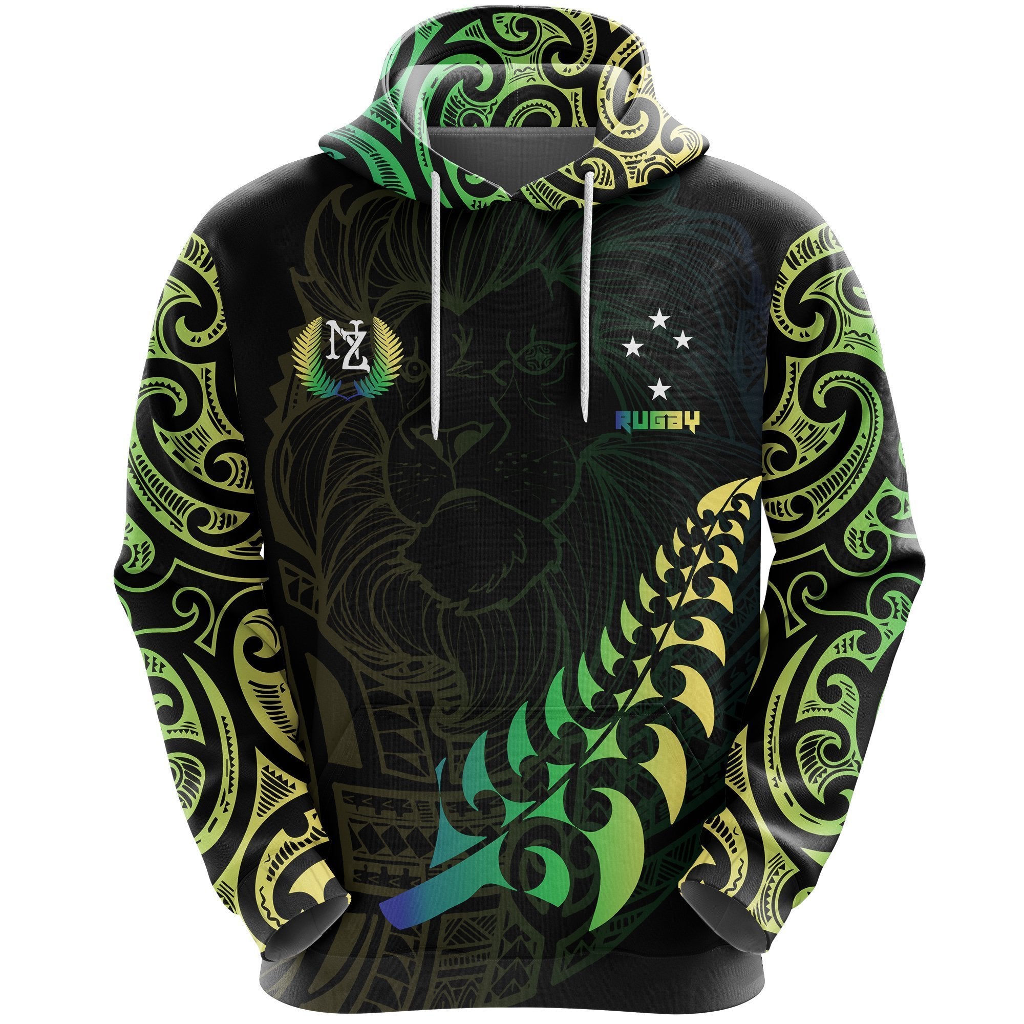 Lion Rugby Hoodie, New Zealand Maori Pullover Hoodie Unisex Black - Polynesian Pride