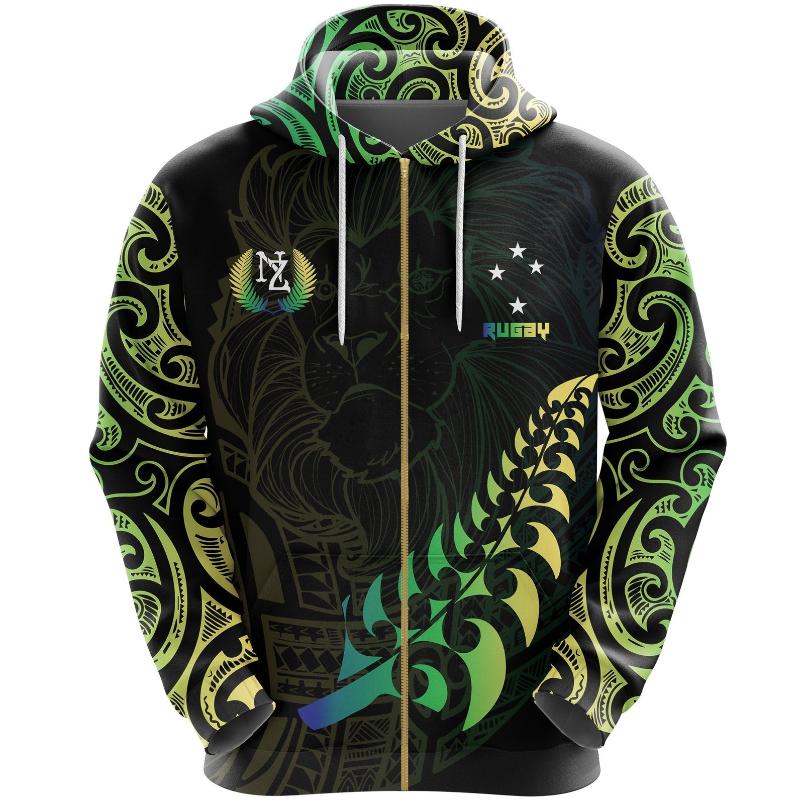 Lion Rugby Zip Hoodie, New Zealand Maori Full Zip Hoodie Unisex Black - Polynesian Pride