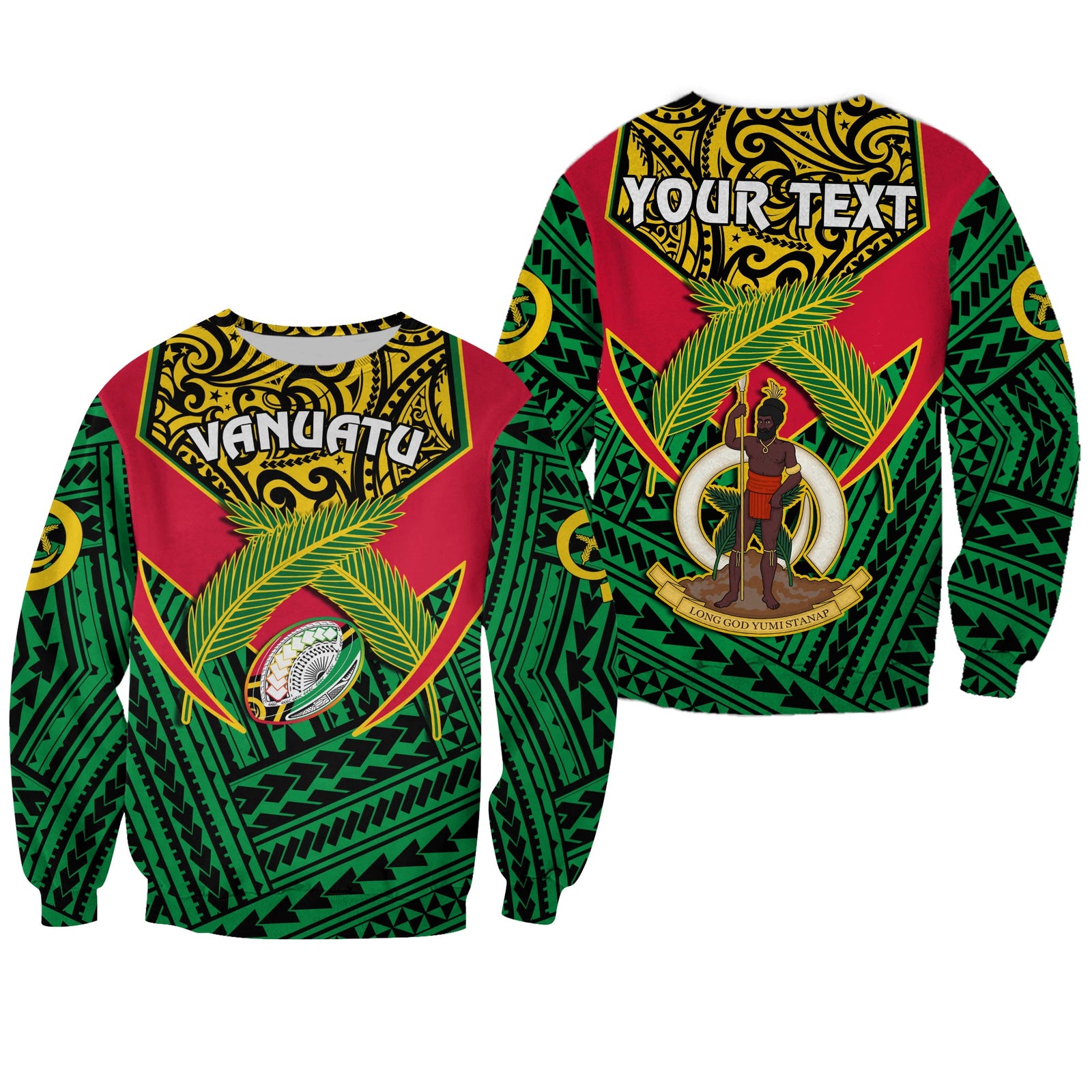 (Custom Personalised) Vanuatu Rugby Sweatshirt Coat Of Arms Polynesian Pattern LT14 Unisex Green - Polynesian Pride