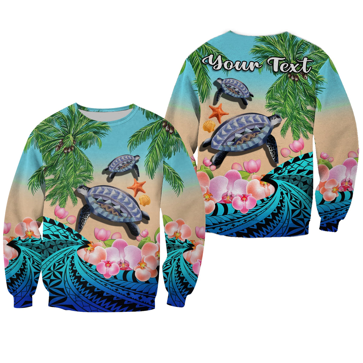 (Custom Personalised) Polynesian Turtle Coconut Tree And Orchids Sweatshirt LT14 Unisex Blue - Polynesian Pride